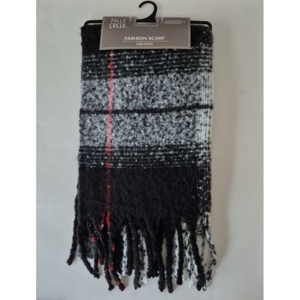 Falls Creek Black Red Plaid Oversized Warm Fuzzy Fashion Scarf w Fringe Womens